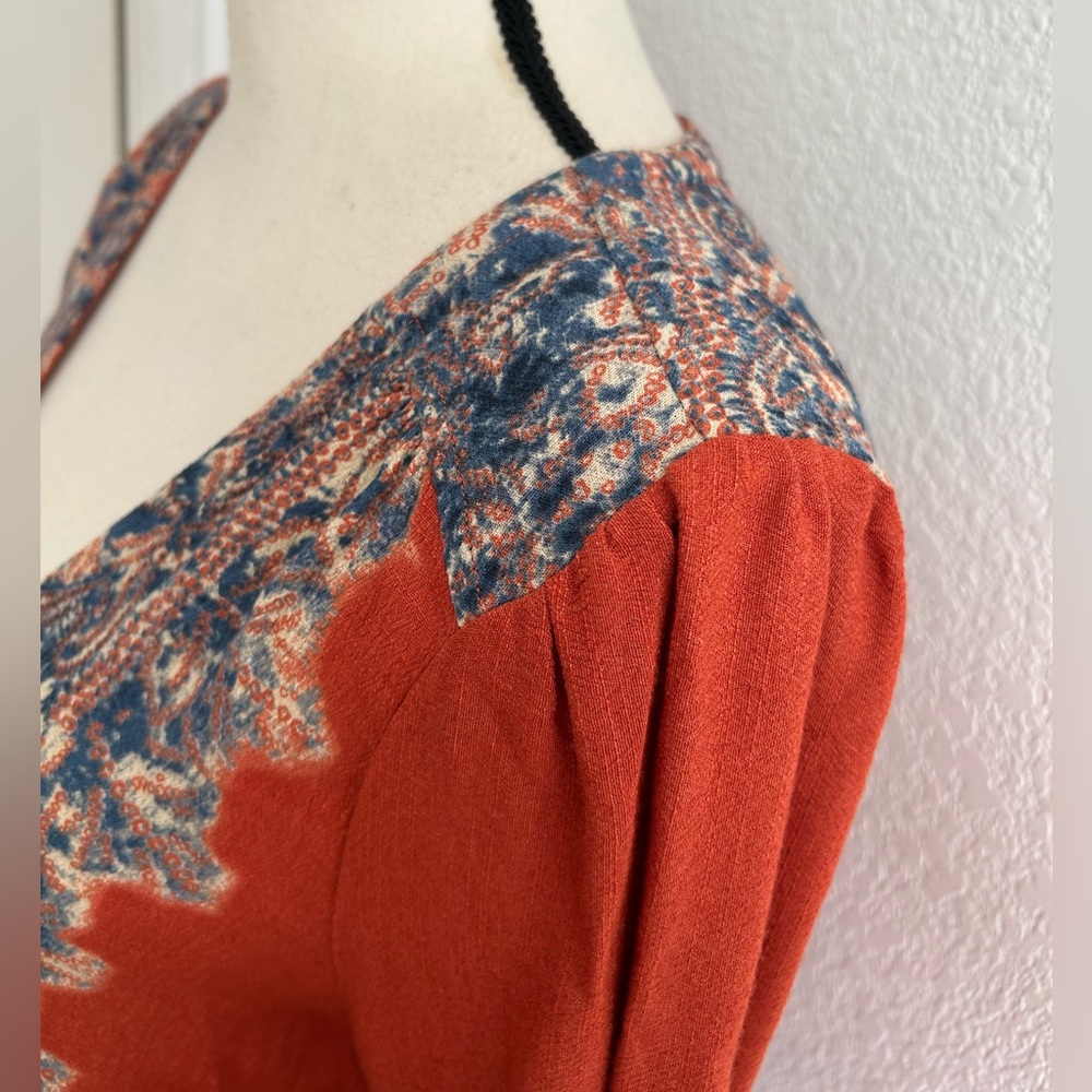 FREE PEOPLE SZ M Slubbed Crinkle Wildest Tunic Persimmon FRONT CRISS CROSS TIE - Picture 6 of 12